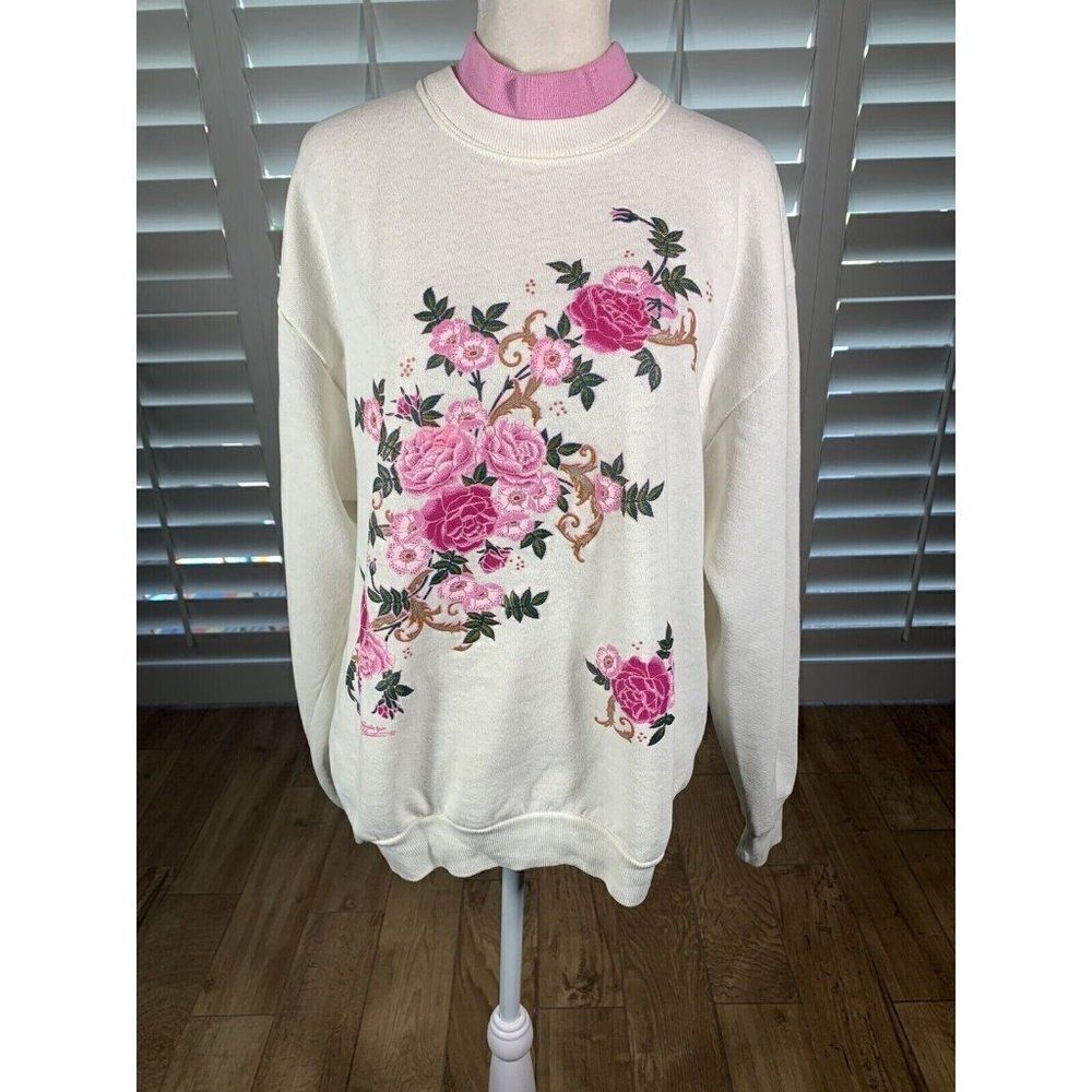 Vtg Grandma Core Double Collar White Pink Flowers Sweatshirt M/L K Hamilton